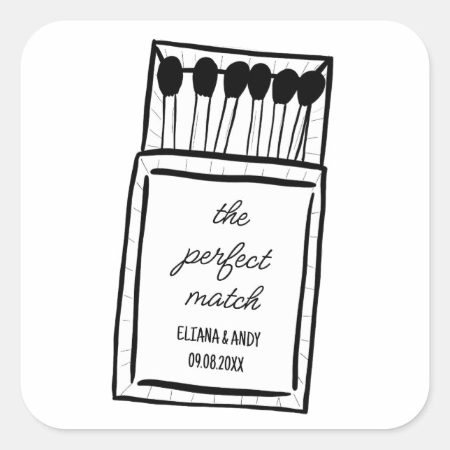 The Perfect Match Doodle Matchbook Wedding Favor Square Sticker (Front)