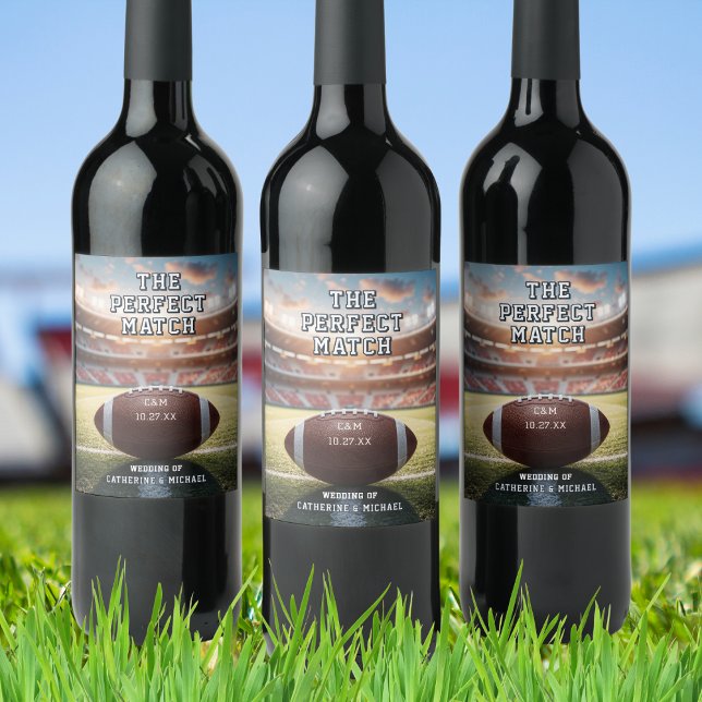 The Perfect Match Football Wedding Game Day Wine Label (Front view trio display stadium lights backdrop championship football wedding wine bottle label)