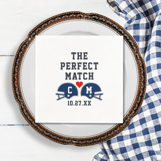 The Perfect Match Football Wedding Monogram Napkins (Top view game day wedding tailgate party championship love sports lovers football wedding napkin)