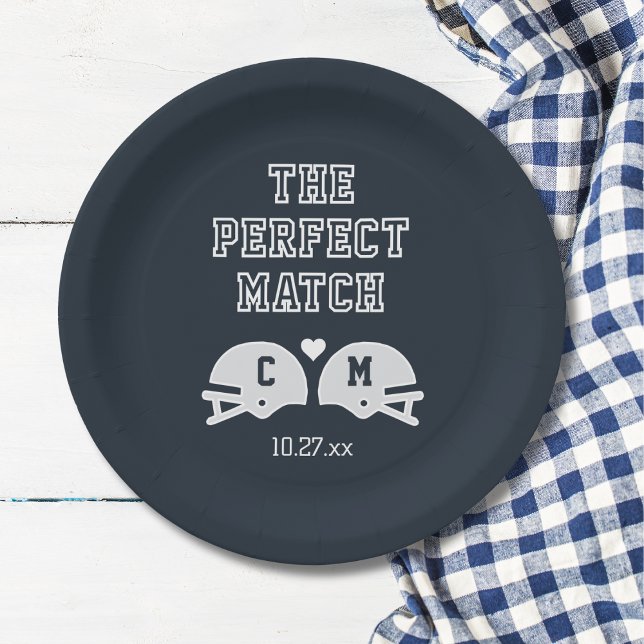 The Perfect Match Football Wedding Monogram Paper Plates (Top view game day wedding tailgate party championship love football paper plate)