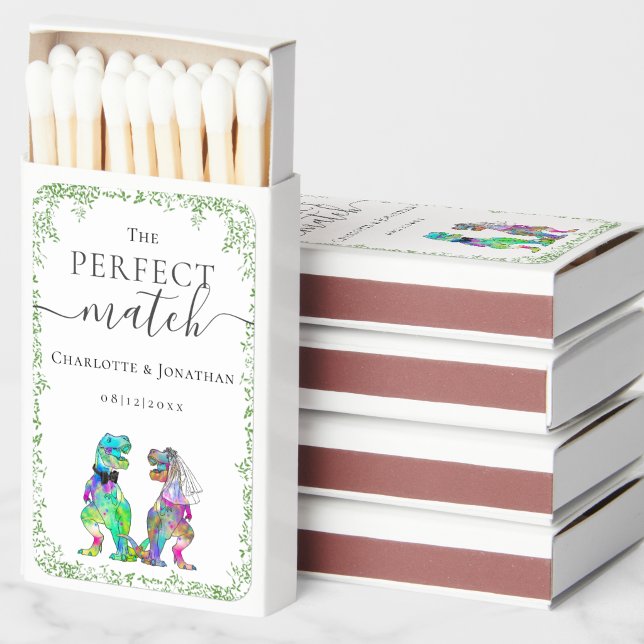 The Perfect Match Funny Dinosaur Wedding Custom (Funny the perfect match T-Rex bride and groom dinosaur custom wedding matchbox favor watercolor )