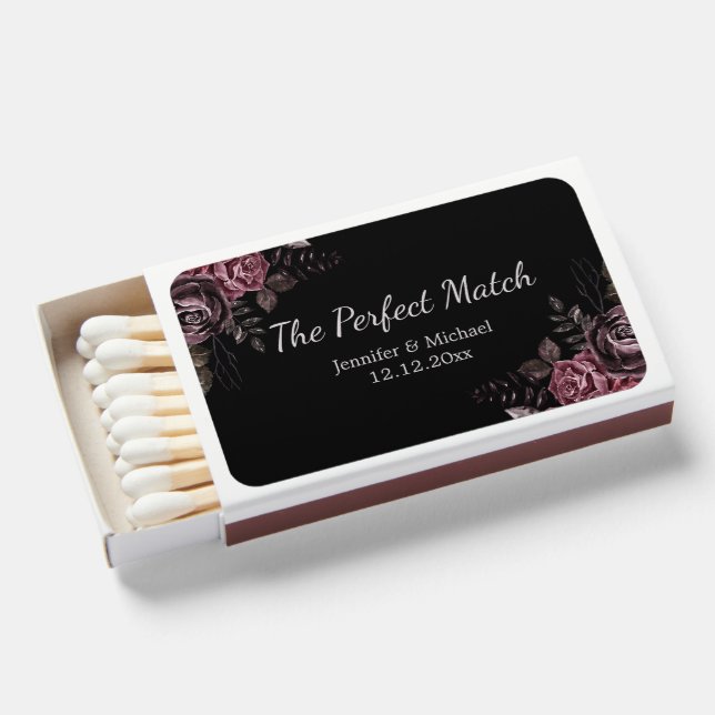 the perfect match, gothic floral wedding black  matchboxes (Front Open)