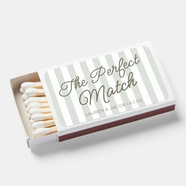 The Perfect Match Green Stripes Wedding Matchboxes (Front Open)