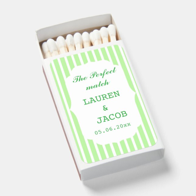 The Perfect Match Green Stripes Wedding Matchboxes (Front Open)