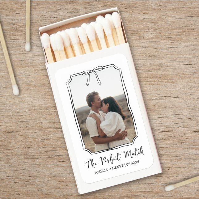 "The Perfect Match" Minimalist Bow Frame Wedding Matchboxes (Celebrate your perfect match with custom photo matchboxes, a charming favor for any wedding event.)