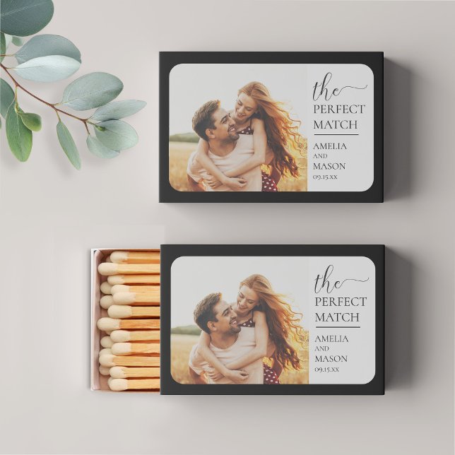 The Perfect Match Photo Wedding Favor Matchbox (The Perfect Match Photo Wedding Favor Matchbox Shown in Black)