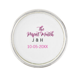 The perfect match pink black name date wedding cou lapel pin