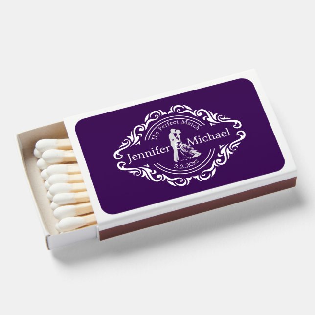 the perfect match,purple and white wedding stylish matchboxes (Front Open)