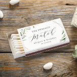 The perfect match rustic greenery wedding favors<br><div class="desc">Simple elegance the perfect match script design with couple names and wedding date with rustic watercolor botanical foliage greenery and faux gold foil leaves and geometric frame,  great personalized wedding matchboxes favors.</div>