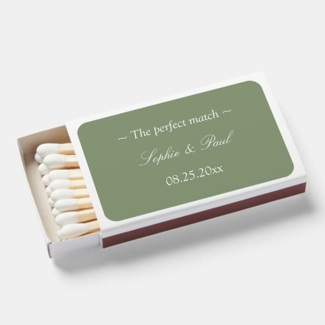 The perfect match Sage Green Wedding Matchboxes (Front Open)