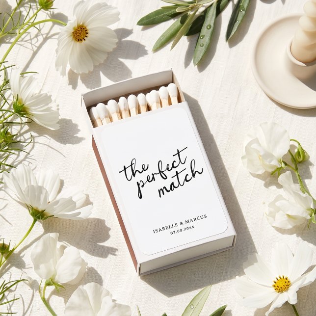 The Perfect Match Script Wedding Matchbox Favor (the perfect match script calligraphy modern trendy chic wedding favor matchbox)