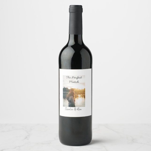 The perfect match wedding couple photo modern add  wine label (Front)