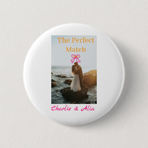 The perfect match wedding couple photo retro pink button