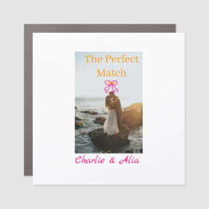 The perfect match wedding couple photo retro pink car magnet
