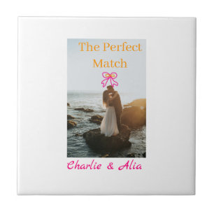 The perfect match wedding couple photo retro pink ceramic tile