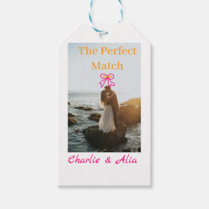The perfect match wedding couple photo retro pink gift tags