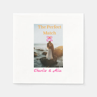 The perfect match wedding couple photo retro pink  napkins