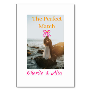 The perfect match wedding couple photo retro pink table number