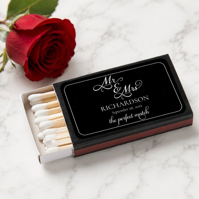 The Perfect Match Wedding Favors Matchbox (the perfect match mr and mrs elegant black and white matchbox wedding favors with custom name date)