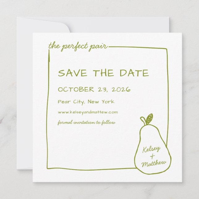 "The Perfect Pair" Green Pear Chic Wedding Photo Save The Date (Front)