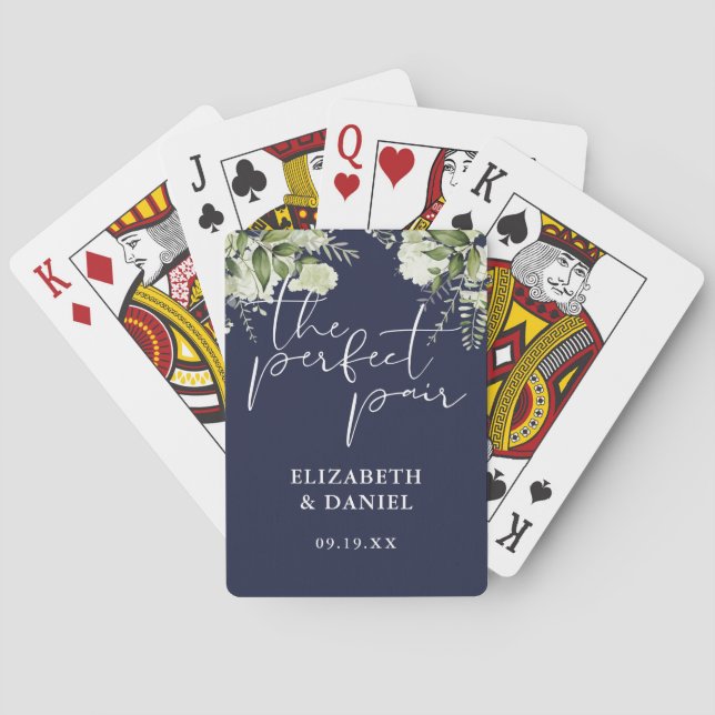 The Perfect Pair Greenery Navy Blue Wedding Favor Poker Cards (Back)