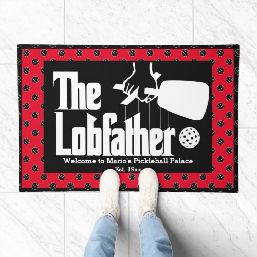 The Pickleball Lobfather Movie Red Black White Doormat