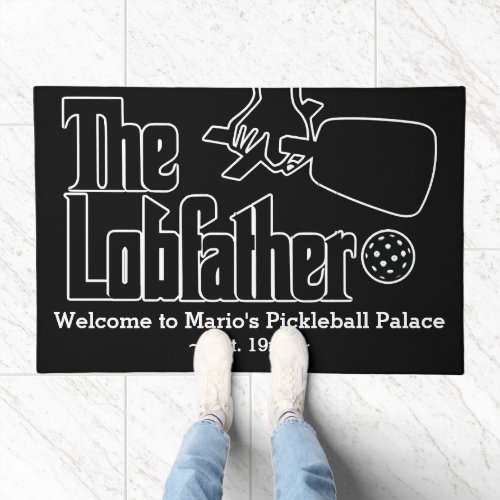 The Pickleball Lobfather Movie White on Black Doormat