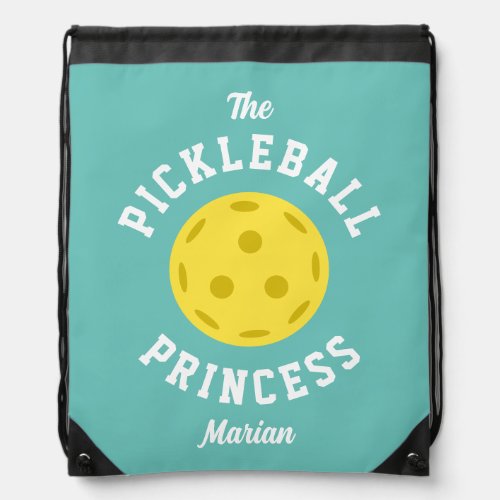 The Pickleball Princess Cute Fun Type Aqua Yellow Drawstring Bag