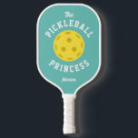 The Pickleball Princess Cute Fun Type Aqua Yellow Pickleball Paddle<br><div class="desc">This funny and modern pickleball paddle design features the phrase "The Pickleball Princess" with a pickleball on an aqua color background. All colors in this design are totally customizable - just click on "edit using design tool". The design is the same on both sides. Personalize this design with your own...</div>