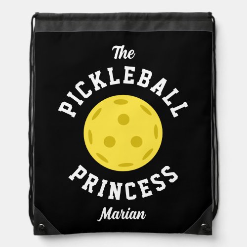 The Pickleball Princess Cute Fun Type Black Yellow Drawstring Bag