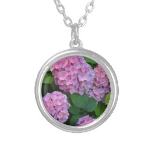 The pink Hortensia hydrangea bush flowering  Silver Plated Necklace