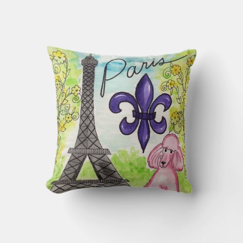 The Pink Poodle in Paris Throw Pillow