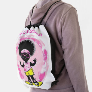THE PINK WORLD OF THE LITTLE GIRL AND THE SKATEBOA DRAWSTRING BAG