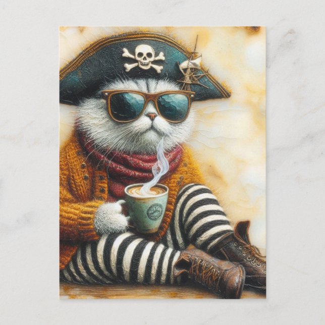 The Pirate Cat With Coffee Postcard (Front)