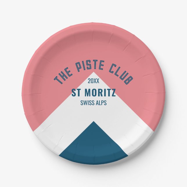 The Piste Club Pink Blue Custom Round Ski Party Paper Plates (Front)