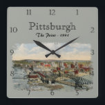 The Pittsburgh Point 1931 Custom Square Wall Clock<br><div class="desc">Vintage image showing a view of the rivers of Pittsburgh,  Pennsylvania in 1931 at what is today Point Park,  where the Ohio River,  the Allegheny River,  and the Monongahela River all meet to form a triangle. Customize this clock with your own text.</div>