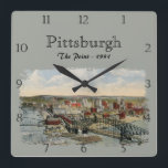 The Pittsburgh Point 1931 Custom Square Wall Clock<br><div class="desc">Vintage image showing a view of the rivers of Pittsburgh,  Pennsylvania in 1931 at what is today Point Park,  where the Ohio River,  the Allegheny River,  and the Monongahela River all meet to form a triangle. Customize this clock with your own text.</div>