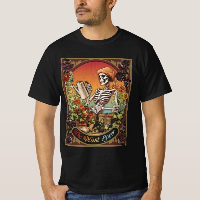The Plant Lover Tarot Card Skeleton Skull Flowers  T-Shirt (Front)