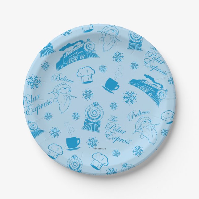 The Polar Express | Blue Holiday Icon Pattern Paper Plates (Front)
