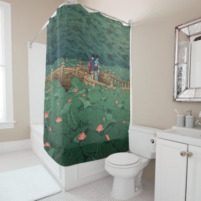The Pond at Benten Shrine in Shiba Kawase Hasui Shower Curtain (In Situ)
