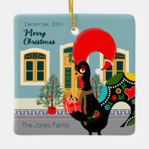 The Portuguese Rooster with a Christmas present Ceramic Ornament