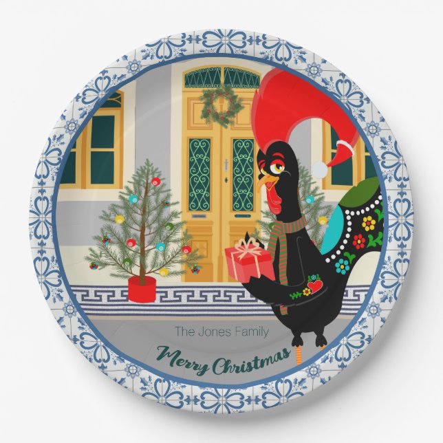 The Portuguese Rooster with a Christmas present Paper Plates (Front)
