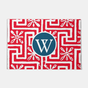 The power of colors red and navy blue greek key doormat