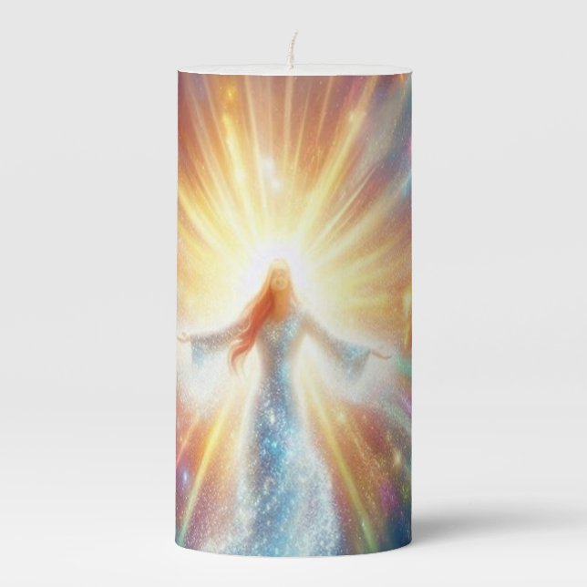 The Power of Love Flowing From Her on a Beautiful Pillar Candle (Front)