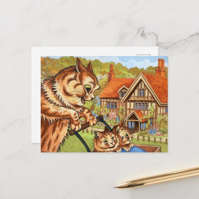 The Pram Ride by Louis Wain Holiday Postcard (Front/Back In Situ)