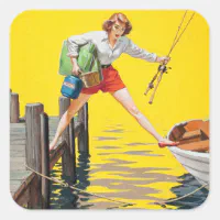 Girl Fishing Pin Up Art Square Sticker