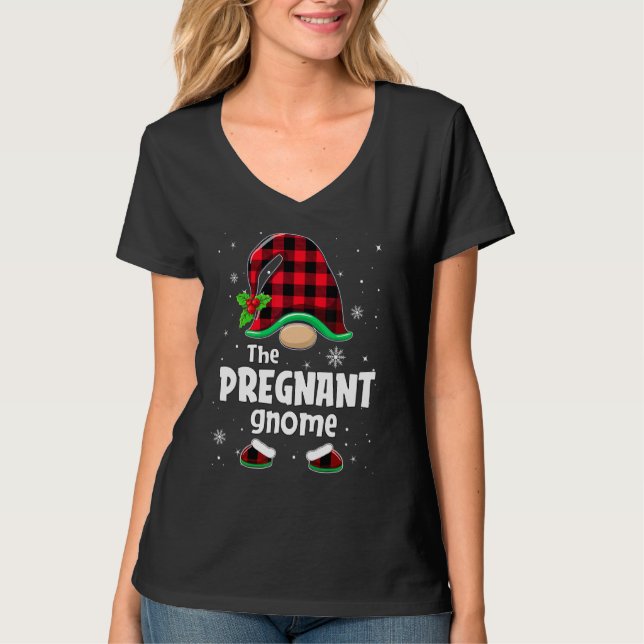 The Pregnant Gnome Buffalo Plaid Christmas Matchin T-Shirt (Front)