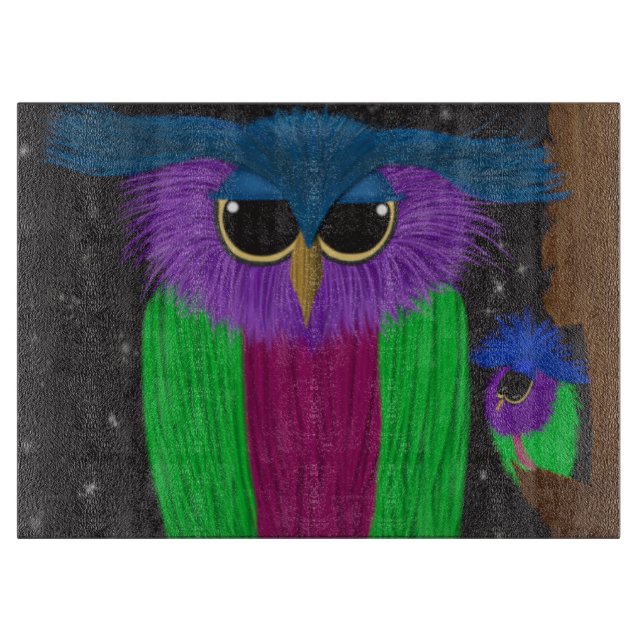 The Prismatic Crested Owl Illustration Cutting Board (Front)