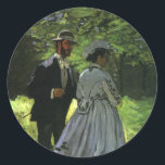 The Promenaders, aka The Strollers by Claude Monet Classic Round Sticker<br><div class="desc">The Promenaders (aka The Strollers or Bazille and Camille and a Study for "Déjeuner sur l'Herbe or Luncheon on the Grass) (1865) by Claude Monet is a vintage impressionism fine art portrait painting. A young couple in love taking a romantic stroll in the park. She is wearing a long, elegant...</div>