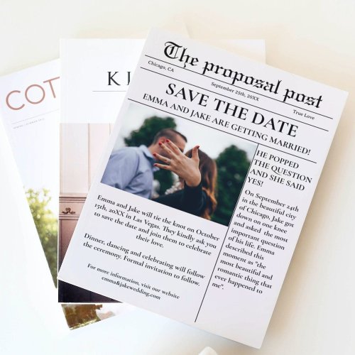 The proposal post Newspaper wedding save the date Invitation